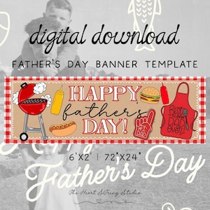 May include: A rectangular banner template featuring a red and white checkered border and a tan background. It displays the text HAPPY FATHER'S DAY! alongside illustrations of a red grill, mustard, hot dog, burger, ketchup, and a red apron.