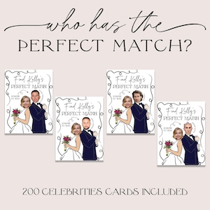 Op de afbeelding: Vier witte kaarten met zwarte randen en roze bloemen. Elke kaart heeft een cartoonafbeelding van een bruid en bruidegom met een krasgebied om het gezicht van een beroemdheid te onthullen. De tekst op de kaarten luidt "Find Kelly's Perfect Match". De tekst "200 Celebrities Cards Included" staat onderaan de afbeelding.