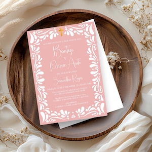 Gouden stoffige roze meisje doop talavera uitnodiging, Invitacion de Bautizo Para Niña, doop en verjaardag, Mi Bautizo, En Español, Canva