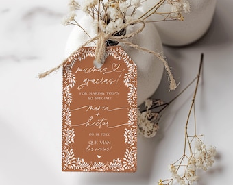 Etiqueta de regalo de boda de inspiración mexicana en terracota, plantilla editable para baby shower, etiqueta con plantilla digital minimalista y elegante, Canva, TWT001