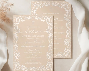 English & Spanish Beige Mexican White Talavera Inspired Baptism Invitation, Editable Template, Minimal Elegant Digital Invite, Canva