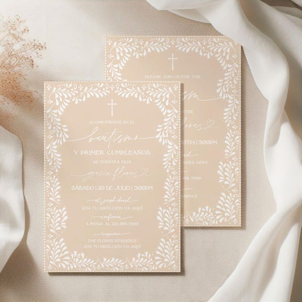 English & Spanish Beige Mexican White Talavera Inspired Baptism Invitation, Editable Template, Minimal Elegant Digital Invite, Canva