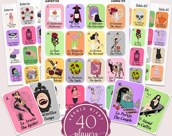 Könnte beinhalten: Eine Sammlung von Lotería-Spielbrettern und Karten mit farbenfrohen Illustrationen zum Thema Halloween. Jede Karte zeigt ein nummeriertes Bild sowie spanischen und englischen Text, darunter Symbole wie einen Totenkopf, eine Hexe, eine Spinne und einen Sarg, mit einem zentralen Abzeichen für 40 Spieler.