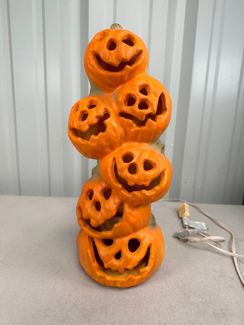 Vintage Gemmy Halloween Jack O Lantern Stacked Totem Pumpkins Blow Mold Tested Works, Vintage