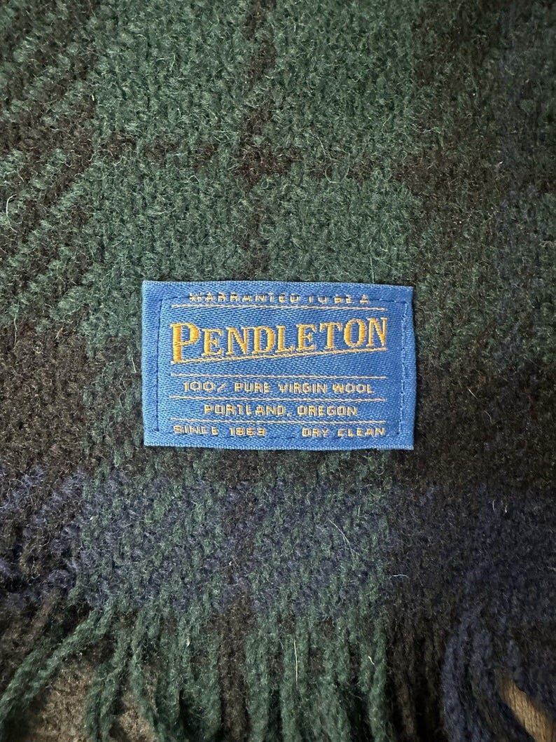 VTG Pendleton Green Blue Plaid Wool Blanket Throw Fringe Made in USA 64x50", Vintage Pendleton Wool Blanket, Pendleton Throw Blanket image 4