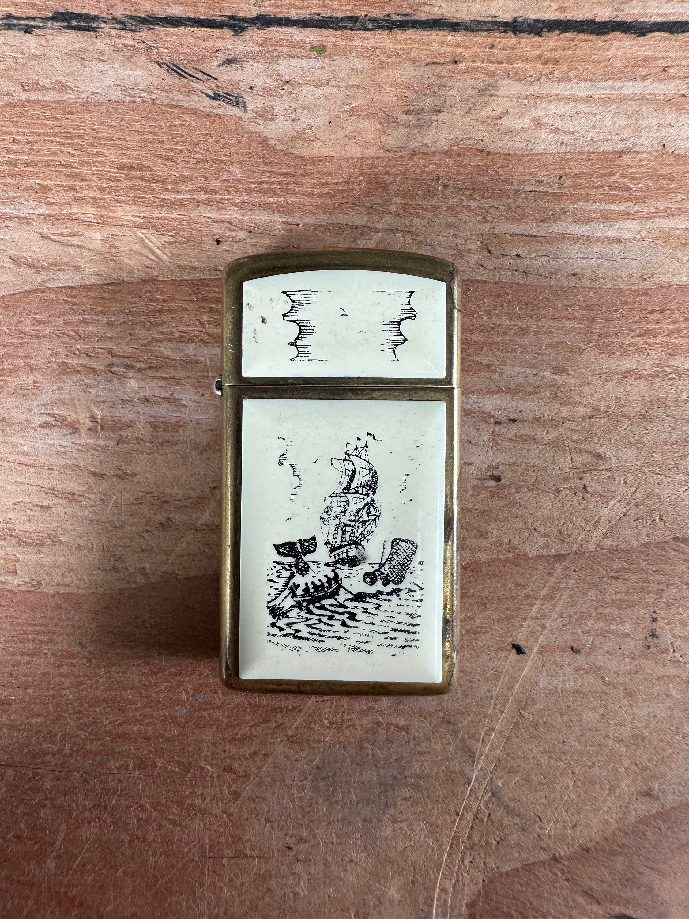 Vintage Scrimshaw Brass Zippo Lighter Slim Whaling Sailing Ship H 