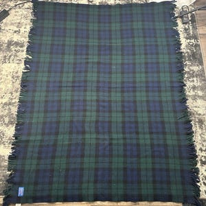 VTG Pendleton Green Blue Plaid Wool Blanket Throw Fringe Made in USA 64x50", Vintage Pendleton Wool Blanket, Pendleton Throw Blanket image 1