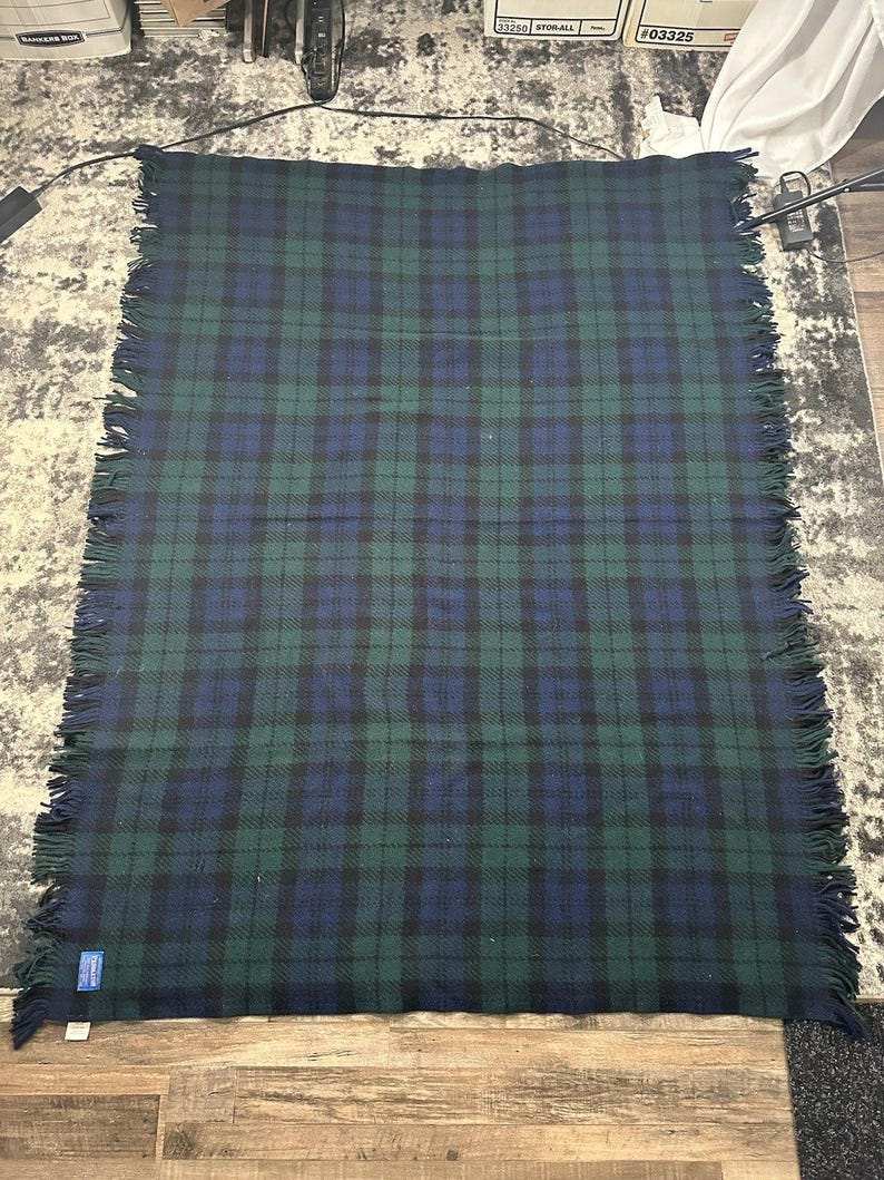 VTG Pendleton Green Blue Plaid Wool Blanket Throw Fringe Made in USA 64x50", Vintage Pendleton Wool Blanket, Pendleton Throw Blanket image 1