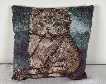 Vintage Kitten Cat Embroidered Throw Pillow 10 x 11 1990s Kitty Animals Green, Cat Pillow, Cat Decor, Cat Gift, Vintage Throw Pillow