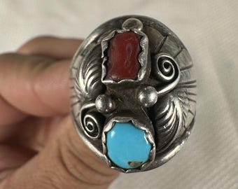 Vintage Sterling Silver Native American Navajo Turquoise Coral Leaf Ring Size 13, Vintage Sterling Silver Ring, Vintage Turquoise Ring