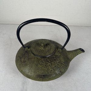 May include: A round, olive green cast iron teapot featuring a textured surface with embossed floral and pine needle patterns. The teapot includes a matching circular lid with a small central knob and a smooth, arched black metal handle.