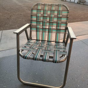 Vintage Webbed Folding Beach Lawn Chair Tall Metal Arms Blue & White Camping, Vintage Patio Chair, Vintage Beach Chair, Lawn Chair