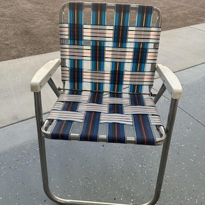 Vintage Webbed Folding Beach Lawn Chair Tall Plastic Arms Blue White Red Camping, Vintage Patio Chair, Vintage Beach Chair, Lawn Chair
