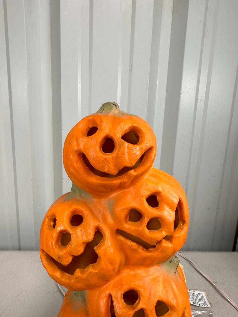 Vintage Gemmy Halloween Jack O Lantern Stacked Totem Pumpkins Blow Mold Tested Works, Vintage