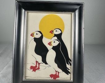Vintage Puffins Art Print Picture Animals Nature 1980s Framed 9 x 7.5" Seabird, Vintage Bird Picture, Bird Artwork, Puffin Gift