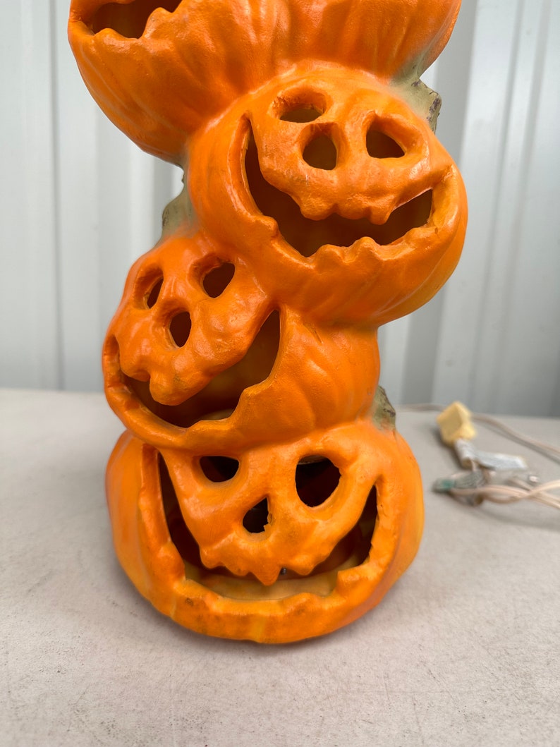 Vintage Gemmy Halloween Jack O Lantern Stacked Totem Pumpkins Blow Mold Tested Works, Vintage