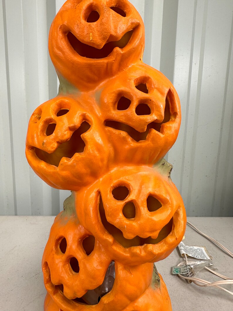 Vintage Gemmy Halloween Jack O Lantern Stacked Totem Pumpkins Blow Mold Tested Works, Vintage