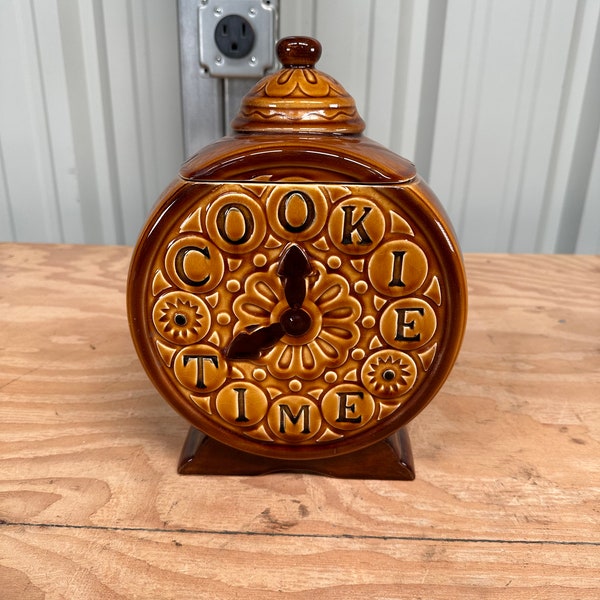 Vintage Cookie Time Clock Cookie Jar Brown & Black Ceramic with Lid USA, Vintage Cookie Jar, Vintage Ceramic Cookie Jar with Lid