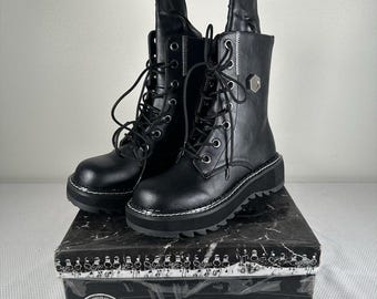 Demonia Lilith 220 Bottes de combat punk gothiques à plateforme homme taille 9 Boules oeil noires, bottes de combat à plateforme, bottes emo, bottes gothiques