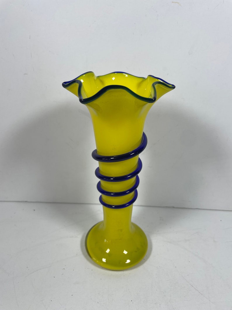Vintage Yellow and Blue Mid Century Modern Glass Vase, Retro Glass