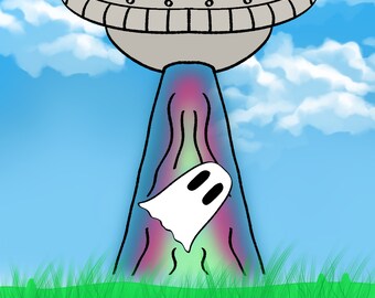 May include: A green alien in a flying saucer beams down a white ghost with a rainbow-colored beam of light. The saucer is in a blue sky with white clouds. The ghost is in a field of green grass.