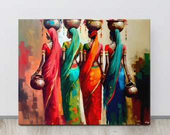 Indian Women Art | Indian Wall Decor | Desi Art Prints | Indian Home Decor | Folk Art Painting | Canvas Wall Art | Woman Oil Painting