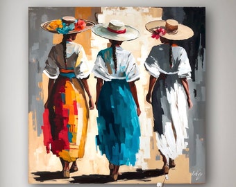 Colombian Women Walking Canvas Wall Art | Cartagena Home Decor | Hispanic Art Prints | Gift for Her | Living Room & Bedroom Decor