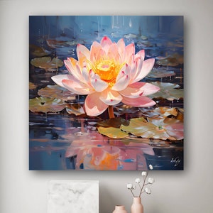 Blue Lotus Flower Canvas Wall Art | Minimalist Lotus Painting | Bedroom & Living Room Decor | Housewarming Gift | Floral Kitchen Decor