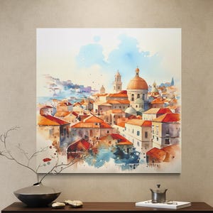 Dubrovnik Wall Art Canvas Print of Croatian Cityscape, Watercolor Painting with Terracotta Roofs, Square Travel Decor for Living Room