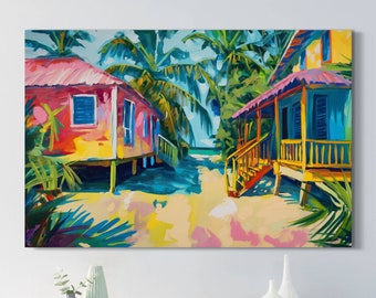 Belize Placencia Beach Canvas Wall Art, Schilderij Print, Ready-to-Hang, Kleurrijke ingelijste canvas poster, prachtig kustdecor
