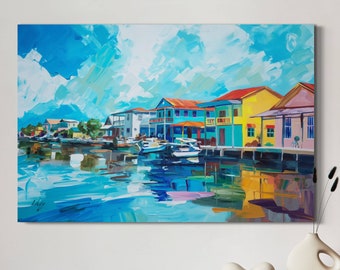 Belize City Canvas Wall Art, Caribbean Landscape Print, Ready-to-Hang, Colorful Framed Canvas Poster, Stunning Seaside Decor