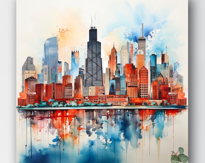 Chicago Skyline Canvas Wall Art | Gift for Her & Him | Living Room Decor | Home Gift | Watercolor Painting | City Art Print