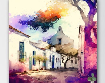 Colonia Del Sacramento, Uruguay Art Print - Pintura vibrante de acuarela sobre lienzo, decoración moderna de viajes latinoamericanos para el hogar y la oficina