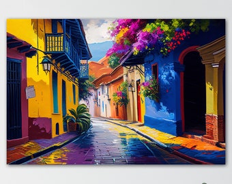 Colombia Art Painting, Old Town Cartagena Art Poster, Modern Colorful Colombian Art, Cartagena Art, Colorful Art Decor, Colombian Artwork
