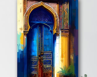 Blue Moroccan Door Art - Boho Canvas Wall Print, Islamic Minimalist Home Decor