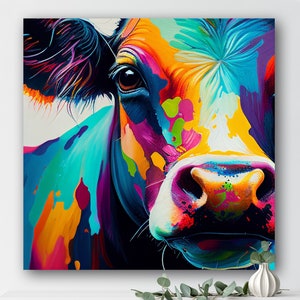 Abstract Cow Oil Painting | Colorful Animal Print | Unique Artwork | Vibrant Animal Canvas Wall Art | Farmhouse Decor | Cow Lover Gift