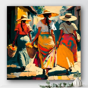 Colombian Women Painting - Vibrant Wall Art Print, Medellin and Cartagena Canvas Decor, Modern Latina Art for Home