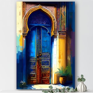 Blue Moroccan Door Art - Boho Canvas Wall Print, Islamic Minimalist Home Decor
