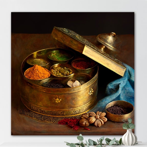 Masala Box India Art - Indian Kitchen Wall Art, Vibrant Spice Canvas Print, Brass Decor India, Cultural Indian Food Art for Restaurant home
