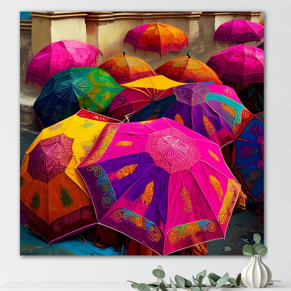 Umbrellas Wall Art, Jaipur Indian Painting, Modern Indian Colorful Framed and Canvas Art, Desi Art Prints