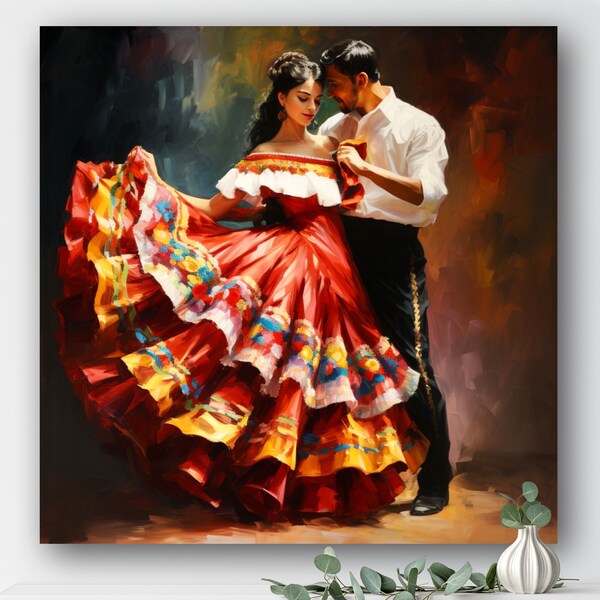 Mexican Folklorico Dancers Canvas Wall Art | Hispanic Folk Art | Living Room Decor | Gift for Her | Mexican Art Prints