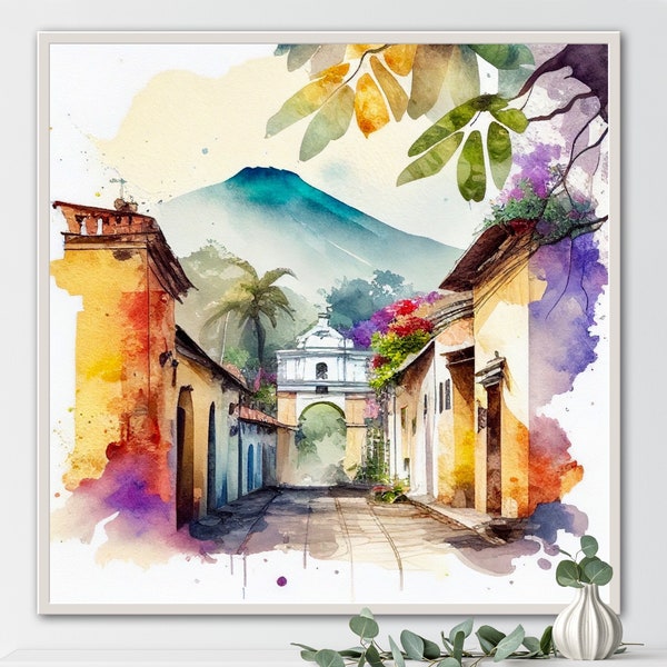 Guatemala Watercolor Canvas Wall Art, Painting Print, Ready-to-Hang, Colorful Framed Canvas Poster, Stunning Landscape Decor