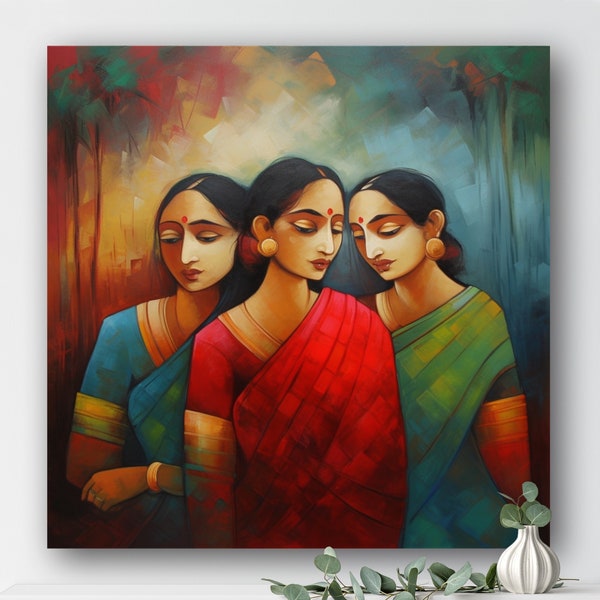 Canvas Wall Art of Three Bengali Women | Indian Village Art | South Indian Decor | Living Room & Home Decor | Women Wall Art | Gift for Her