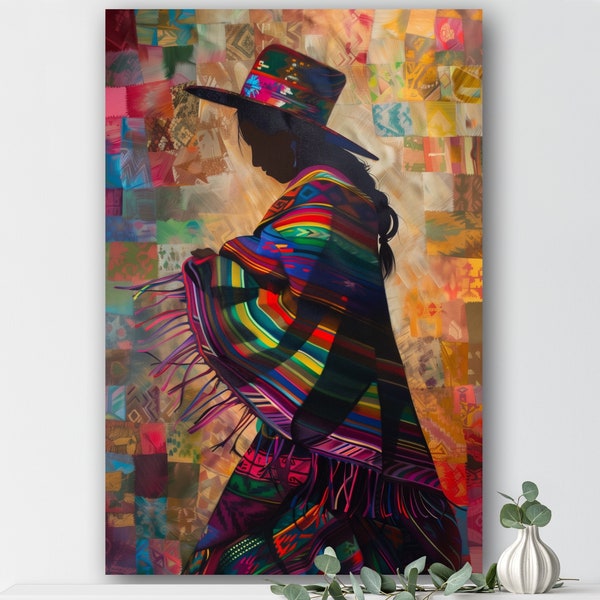 Peruvian Woman Painting Print on Canvas | Vibrant Inca Pattern Art | Ethnic Wall Decor, Colorful Peruvian Artwork, Unique Home Decor