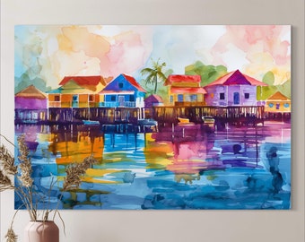 Belize San Pedro Canvas Wall Art, Watercolor Painting Print, Ready-to-Hang, Colorful Framed Canvas Poster, Stunning Coastal Decor