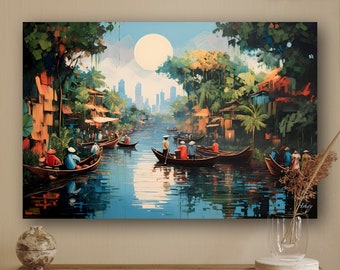 Canvas Wall Art of Mekong Floating Markets | Vietnamese Landscape Painting Print | Asian Decor | Vietnam Home Decor | Gift for Her