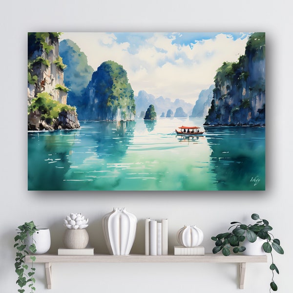 Ha Long Bay Vietnam Leinwand-Wandkunst | Aquarell Landschaftsmalerei | Asiatisches Dekor | Gerahmte Vietnam-Kunst | Geschenk für Sie und Ihr Zuhause