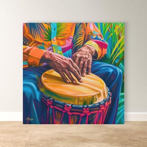 Impresión de pintura de un baterista de conga garífuna sobre lienzo y lienzo enmarcado. Arte mural afrocaribeño. Impresión artística de percusión colorida para decoración del hogar.