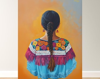 Mexicaanse volkskunst muurkunst, geborduurde Huipil vrouw canvas print, kleurrijke bloemen blouse, Boho Latina decor cadeau voor haar Op Oaxaca geïnspireerde kunst