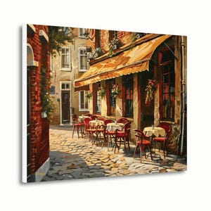 European Cafe Street Wall Art Print, Canvas, Framed Canvas, Rustic Vintage Parisian Bistro, Old Town Cobblestone Alley, Kitchen Dining Decor
